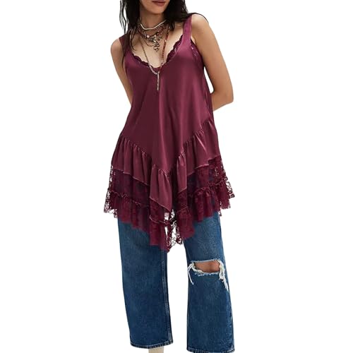 Image of Luckinbaby Women Y2k Mini Dress Lace Flowy Short Tank Dress Backless Ruffle Spaghetti Strap Sleeveless Slip Under Dress