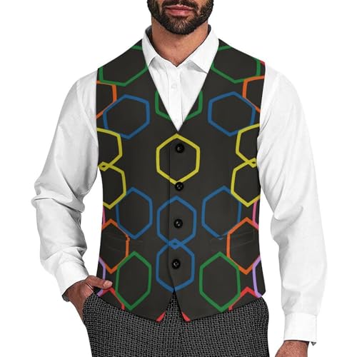 Colorful Hexagons And Black Men's Suit Vest Slim Fit V-Ncek Waistcoat Business Casual Vest