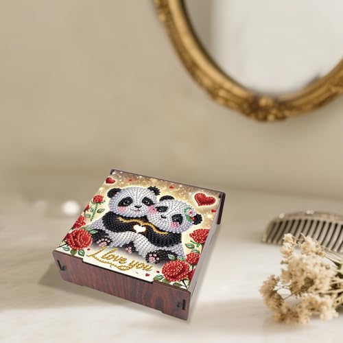 Image of DIY Diamond Art Storage Box with Flip-Top Lid, Happy Panda Design Wooden Diamond Painting Organizer with 4 Divided Compartments, Portable Desktop Craft Storage Basket for Accessories and Supplies