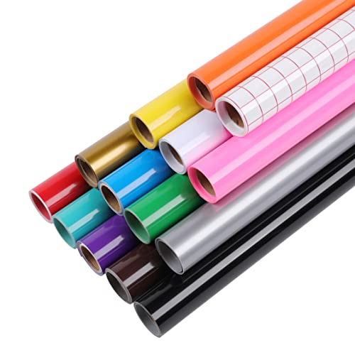 HTVRONT Vinylfolie Plotterfolie 14 Rollen - 30cm x 91.5cm Selbstklebende Plotterfolie für Cricut, 13 Farben Vinylfolie + 1 Rolle Transferfolie
