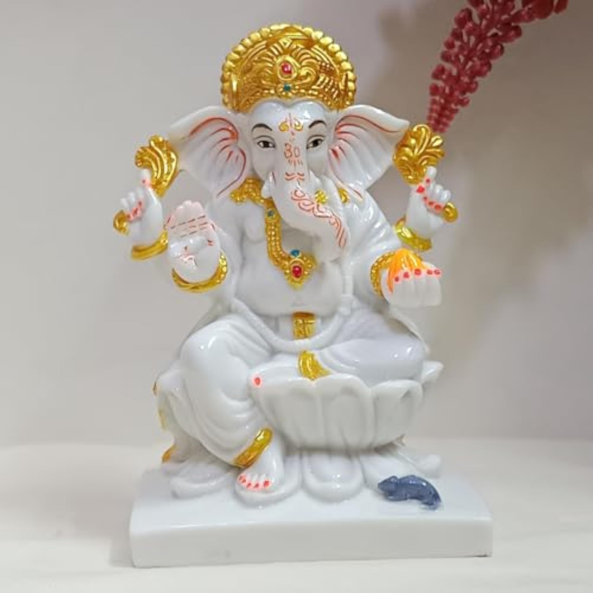Marble Dust Ganesh Idol, 7 Inch White Kamal