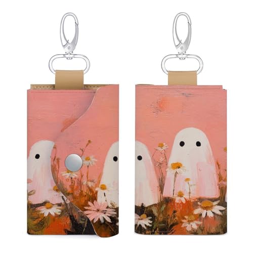 Three White Ghosts in The Field with Daisies Key Holder Bag PU Leather ID Card Holder Keychains Case Cover for Men Women3