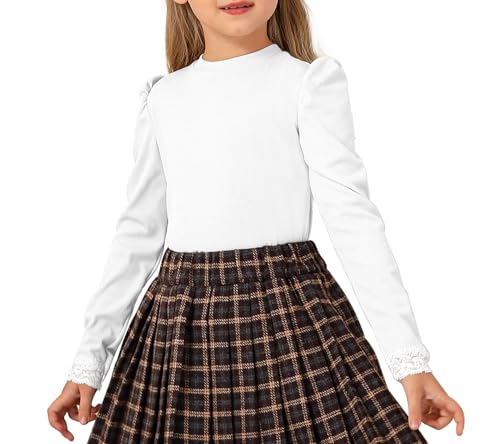 Girls Blouses Long Sleeve T Shirts for Girls Tops Tees Puff Round Neck Rib Kids Tshirt White Beige Caramel