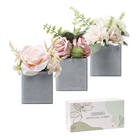 SAROSORA Artificial Potted Flower Plants - with Plastic Vase Planter for Home Decor Wedding Decor Rose & Peony Arrangement Gift - 6 Inch Set of 3 (Square) Cover