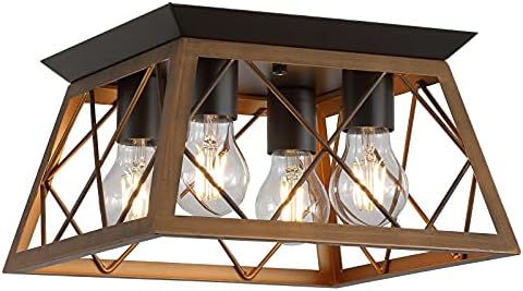Q&S Semi Flush Mount Vintage 4-Light Bronze Farmhouse Ceiling Light Geometric Rustic Island Light Fixtures for Entryway Hallway Dining Room Living Room Bedroom