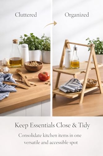 Image of Curated Cart Wooden 2 Tier Serving Tray Stand for Food & Decor - Rectangular Farmhouse Tiered Platters for Cupcakes, Snacks, Charcuterie, Parties & Kitchen Display - Bamboo Look
