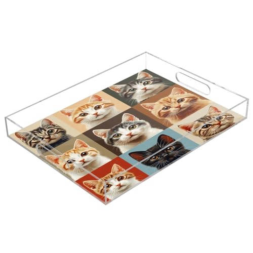Msyxl Cats Pattern Serving Tray for Coffee Table, Decorative Acrylic Tray Cats Pattern Tray with with Handles for Breakfast, Ottoman, Countertop, 12x16 in
