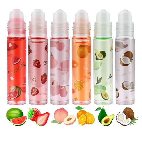 KUIRUNRX® Roll On Lip Gloss, Huile À Lèvres Transparente Incolore, Brillants à Lèvres Aromatisés, Lotion à lèvres incolore transparente, Rouge à lèvres Liquide Brillant Hydratant (6pcs) (Fruity, 6pcs)