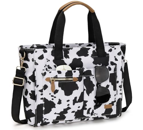 Canvas Tote Bag for Women, Tote Purse Crossbody Travel Bag with Zipper Laptop Individual Compartment Shoulder Handbags for Work College Teacher Nurse Gift (Cow Print)