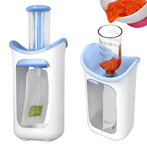 Squeeze Station, Baby Food Squeeze Puree Filler, Reusable Pouch Filling Station for Homemade Baby Food, Fruit Puree Squeezer with 10 Squeeze Bags, Baby Fresh Fruit Juice Food Maker (Blue)