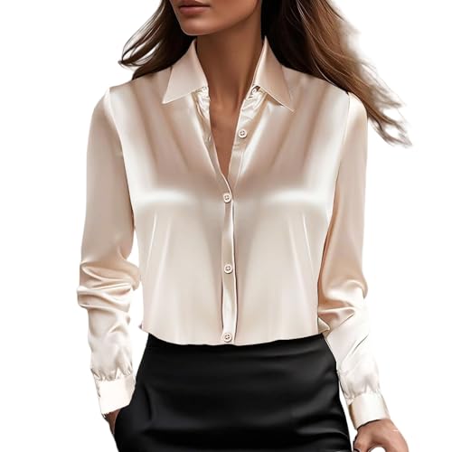 Image of Satin Blouses for Women Dressy V Neck Collared Long Sleeve Tops Lightweight Business Casual Button Down Shirt(Champagne, L)