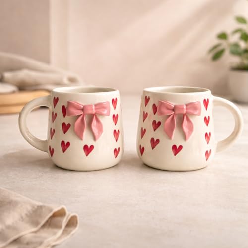 Image of The Deluxe Creations Ceramic Coffee Mug Set of 2 | Handcrafted Bow & Heart Design | Elegant Gift-Style Tea & Coffee Cups | Ideal for Gifting, Couples & Home Decor (Pink Bow Design)