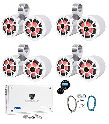 Rockville Bundle: (8) RKL65MBW Marine Boat Speakers Bundle with RMWK4 Marine Amp Wire Kit, RXM8BTW 8 Ch Marine Amp+(4) Speaker+Reciver (15 Items)