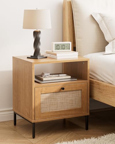 Image of Extra Large Nightstand Rattan Night Stand,Modern Side Table Boho Farmhouse Wood Bedside Table with Storage Drawer and Open Shelf,Large End Side Table for Bedroom,Living Room,Office(Natural)