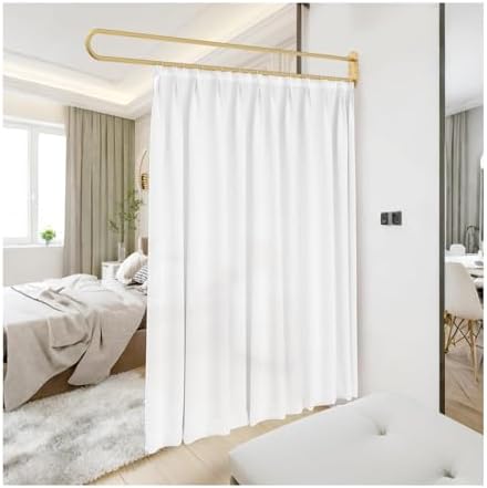 Wall Mounted Privacy Curtains with U-Shape Gold Rod & White Flat Hooks, Medical & Salon Partition, 230cm Beige Room Divider for Hospital & Bedroom Use