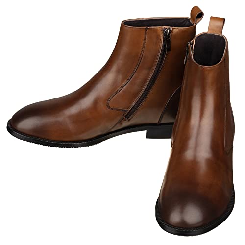 TOTO Men's Invisible Height Increasing Elevator Shoes - Coffee Brown Leather Slip-on Chelsea Boots - 2.6 Inches Taller - K33093 - Size 9 D(M) US4