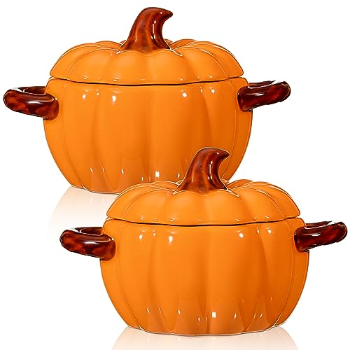 Uiifan 2 Stück Kürbisschüssel, Keramik, Kürbistopf zum Kochen, Erntedankfest, 480 ml, Kasserolle, Kochgeschirr, Suppenteller, Orange, niedlich, sicherer Ofentopf mit Deckel, Doppelohren, für Herbst