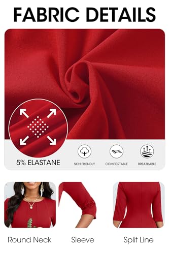 Image of CLOCOR Casual Midi Dresses for Women A-Line Fit and Flare Elegant Church 3 /4 Sleeve Crew Neck Dress with Pocket