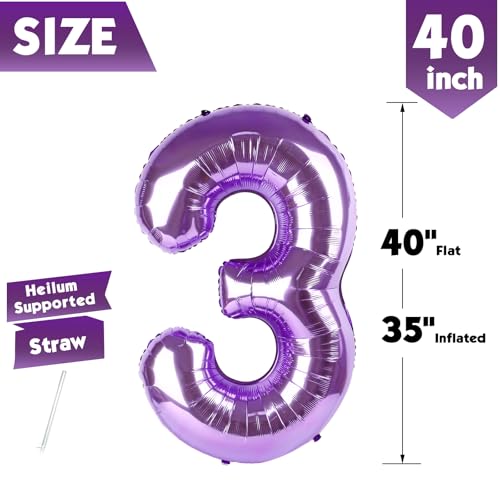 Image of 40 Inch Purple Number 3 Balloon Birthday Party Decorations for Men & Women | 40 Inch Purple inflatable foil number balloons, large birthday decorations for 3rd birthday
