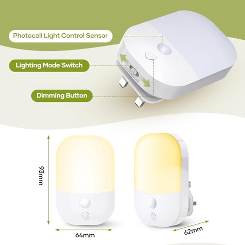 Night Light Plug in Wall with Dusk to Dawn Photocell Sensor, 5 Brightness Levels, ON/Off/AUTO Lighting Mode, 3000K Warm White Night Light for Baby, Hallways, Stairs, Bedrooms, Kitchen, 0.3W, 1 Pack - Image 3