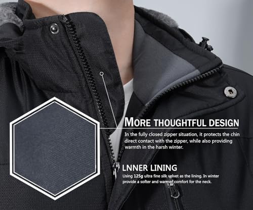 SPOSULEI SPOSULEI Herren Winter Fleecejacke Warme Verdickt Gefüttert Skijacke Outdoor Winddicht Wasserdicht Jacke mit Abnehmbarer Kapuze für Wandern Dunkelgrau 3XL - Zusatzansicht 4 | TV | Video | Foto