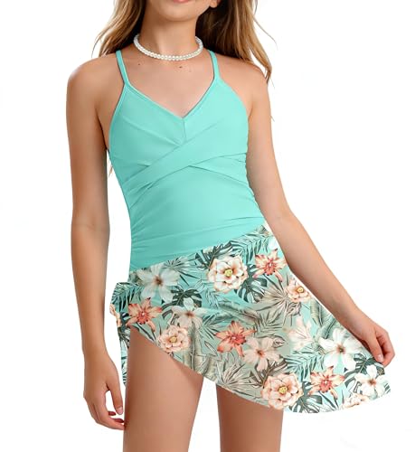 Image of Girls Swimsuit Criss Cross Ruched One Piece Bathing Suit with Printed Mesh Cover Ups Adjustable Straps Swimwear 7-16Y