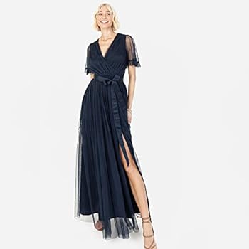 Anaya with Love Maxi-jurk voor dames, V-hals, mouwloos, ruches, voor bruiloft, gast, bruidsmeisje, gala, lange hoge empire-taille, gelaagd, Frosted Groen, 40