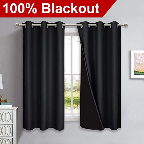 Image of NICETOWN Complete 100% Blackout Curtain Set, Thermal Insulated & Energy Efficiency Window Draperies with Black Liner, Noise Reducing Short Curtains for Kids Room (Black, 42 inchW by 63 inchL, Double Panels)