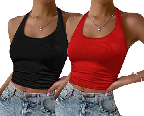 Image of Ekouaer Women Halter Top Backless Scroop Neck Slim Stretchy Ribbed Knit Camisole Crop Tops S-XXL