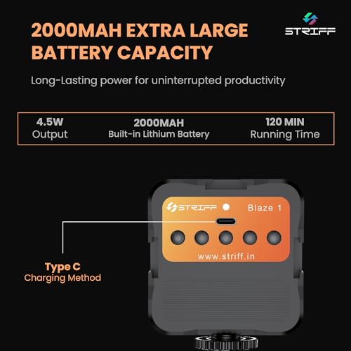 Image of STRIFF Blaze-1 LED Video Light for Phone, Camera, Laptop, Meeting, Photography, and Lighting, with Clip & Type C, Dimmable & Rechargeable for Selfie Stick Tripod, 2000mAh, 4.5W