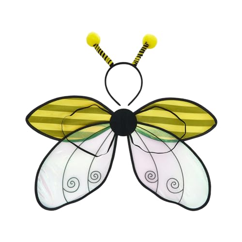 Jwqqwdza Women Girls Fairy Bee Ladybug Costume Wings with Antenna Headband Kids Dress-Up Accessories for Halloween Cosplay (Bee One Size)