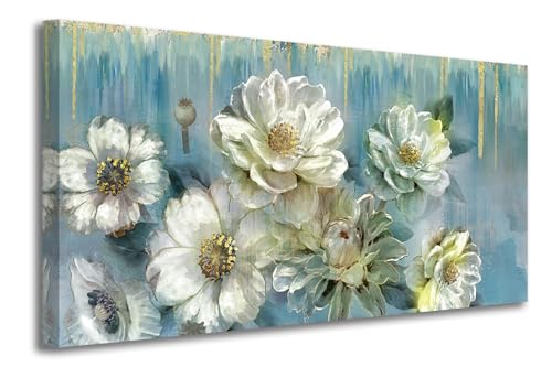 Ardemy Floral Canvas Wall Art for Living Room Large Magnolia White Flower Picture Bedroom Wall Decor Textured Turquoise Painting Modern Artwork Dining Room Kitchen Home Office, 40"x20"