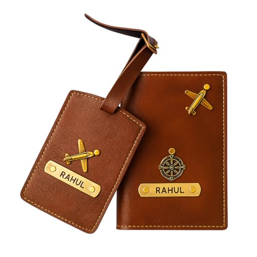Image of Thebaegift Personalized Leather Luggage Tag & Paasport Cover with Custom Name Plate - Travel Tag for Suitcase, Backpack &- Durable Bag Identifier for Men & Women - Stylish Travel Accessory Gift