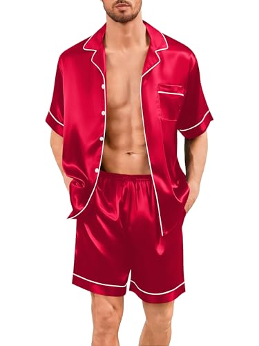 Image of SWOMOG Men Silk Pajama Set Short Sleeve Satin PJs Sets 2 Piece Button Down Sleepwear Soft Summer Loungewear with Pockets
