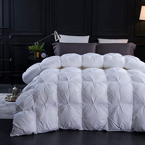 Three Geese Pinch Pleat Goose Feathers Down Comforter Palatial King Size Duvet Insert,750+ Fill Power,1200TC 100% Cotton Fabric,Premium White Comforter for All Seasons with 8 Tabs