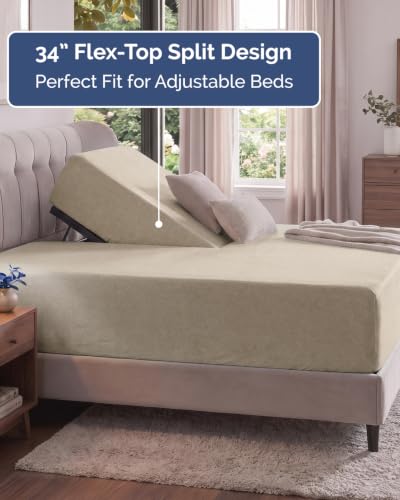 Image of Extra Deep Flex Top Split Head King Fitted Sheet - Hotel Luxury Single Fitted Sheet Only - Easily Fits 18 inch to 24 inch Mattress - Ultra Soft, Wrinkle Free w /Extra Deep Pockets - Heathered Beige