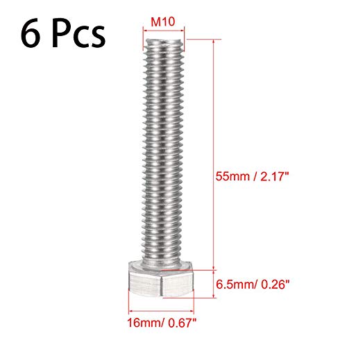 Image of 6 Pcs M10 Hex Bolt M10-1.5 x 55mm UNC Hex Head Screw Bolts A2-70(304) Stainless Steel Fully Threaded Hex Tap Bolts,Plain Finish,Fully Threaded (M10 x 55mm)