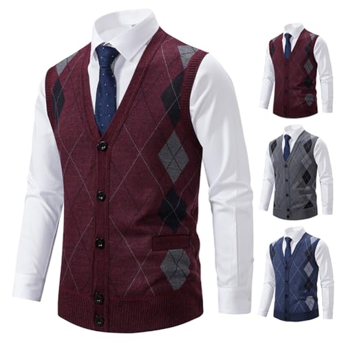 Men Cardigan Sweater Vest Slim Button Down Sweater Vest Autumn Winter V Neck Rhombus Jumper4