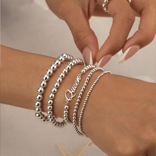FANDY Silver Beaded Bracelets Set for Women, 3-12Pcs Boho Trendy Simple Stretch Bracelet Stack Ball Beaded Tube Bangle Bracelet Jewelry Set for Gifts4