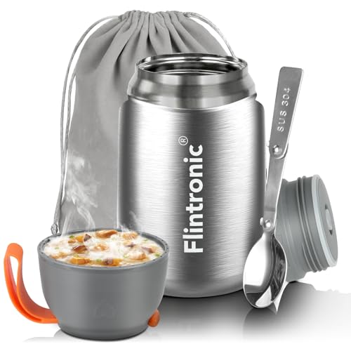 flintronic Thermobehälter, 450ML Edelstahl Warmhaltebehälter, Speisegefäß für Essen, Lebensmittelbehälter mit Klapplöffel, Auslaufsicher Isolierbehälter Essensbehälter, Thermo Lunchbox - BPA-Frei