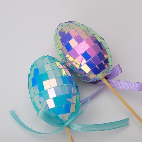 HDLJIAL Ostereier Picks, 12 Pack Disco Ball Glitter Ostereier, Pastellfarben mit Bänder, Funkel Eier Stäbchen für Osterdekorationen, Osterbaum, Mittelstück, DIY-Handwerk, Partybedarf
