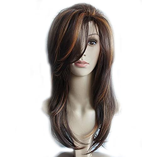 Image of Women's Full Head Wig - Shoulder Length Camel Highlight Brown Layered Synthetic Hair Extension for Women and Girls
