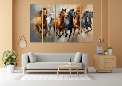 Image of KYARA ARTS 7 Horses Wall Painting for Living Room Big Size(30inchx 48inch) 7 Running Horses Painting Vastu for Bedroom, Office, Hotel - Wall Decor Wooden Framed-Digital Painting