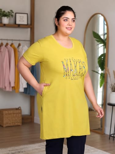 Image of In Love Women's Printed Cotton Plus Size Longline T-Shirt with Pockets | Cotton fabric - soft longline T-shirt with easy plus-size fit
