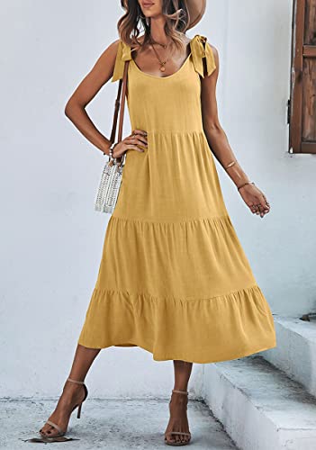 Image of chouyatou Women's Summer Adjustable Spaghetti Strap Solid Ruffle Swing Midi Dress