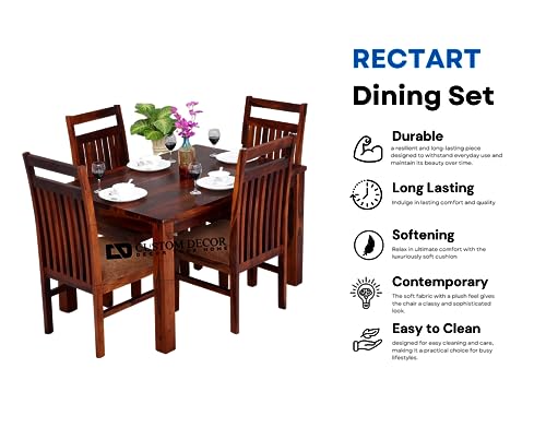 Image of RECTART sheesham Wood Standard Dining Table 4 Seater | Wooden Dining Room Furniture | 4 Chairs with Cushion | Honey Teak Brown Finish