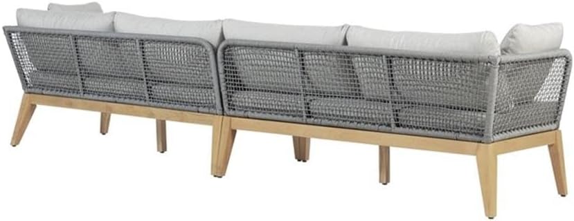 Pemberly Row 128" Outdoor Teak Wood Sofa, Gray Rope Basket Weave Design, Weather-Resistant, Includes Comfortable Gray Cushions and Pillows, Modern Style, Durable Patio Seating for Outdoor Use
