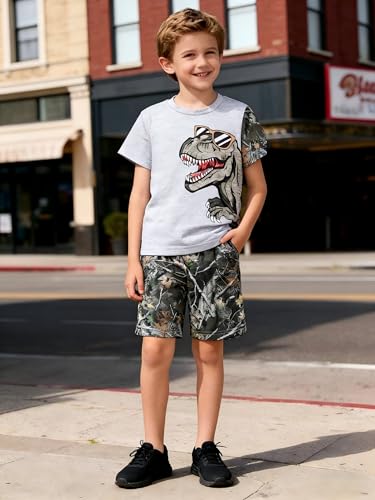 Image of Boys' 2 Piece Summer Outfit Cool Dinosaur & Camouflage Graphic Short Sleeve Tee & Shorts Set Size 4-12