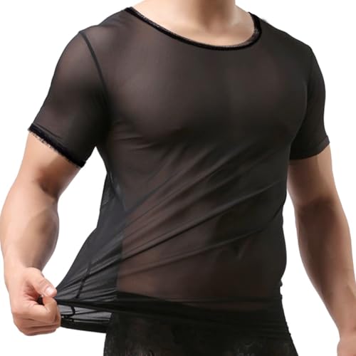 ZONBAILON Mens Sexy Mesh Fitted Shirt Short Sleeve See Through Transparent Muscle T-Shirts Top for Male2