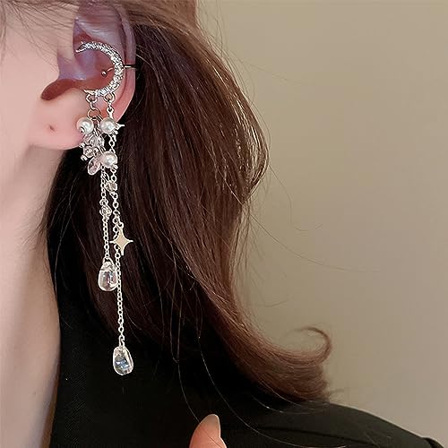 Kercisbeauty Moon Ear Cuff Stars Tassels Wrap Clip Earrings Non Pierced Ear Climber for Women Fairy Costume Silver Jewelry 6